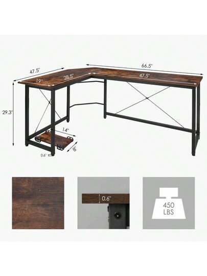 Shaped Desk, Computer 167 Cm Gaming Table, Corner Bureau Iron Hook, Office, Space Saving view 4