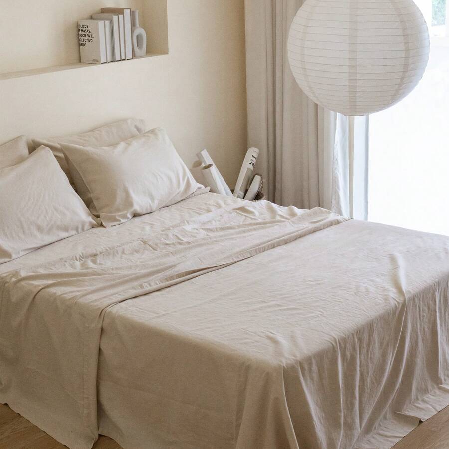 Simple&Opulence 6pcs Belgian Linen Sheet Set 30% Flax 70% Cotton Solid Color - 6 Pieces (1 Flat Sheet & 1 Fitted Sheet & 4 Pillowcases) 16" Deep Pocket Natural Flax Cotton Blended Soft Bedding Set For All Season - מצעים - ראה 1