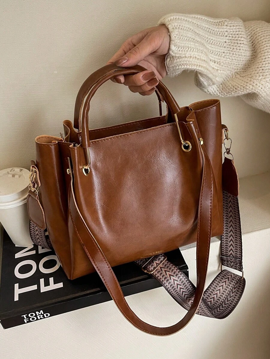 Elegante Bolso De Novia, Bolso De Mano De Patente Para Mujer, Bolso De Hombro De Gran Capacidad - Marrón - Ver 1