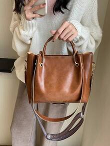 Elegante Bolso De Novia, Bolso De Mano De Patente Para Mujer, Bolso De Hombro De Gran Capacidad - Marrón - Ver 5