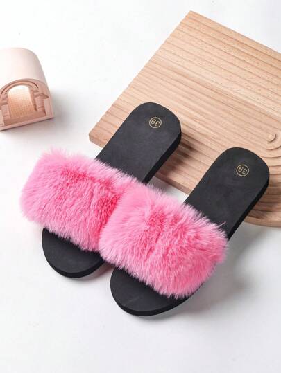 Women's Plush Solid Color Decorative Slippers, Casual Style, Eva Flat Bottom Four Seasons Slippers