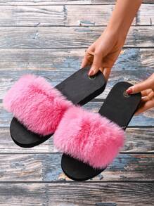 女士毛绒纯色装饰拖鞋，休闲风格，Eva平底四季拖鞋 - 玫紅色 - 查看 3