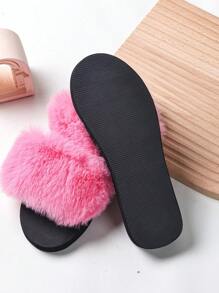 女士毛绒纯色装饰拖鞋，休闲风格，Eva平底四季拖鞋 - 玫紅色 - 查看 2