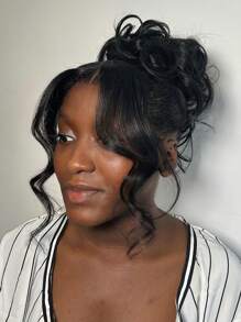 1PC Long Curly Bangs Clips Front Two Side Fringe Hair Extension Natural Synthetic Middle Part Fake Fringe For Women - Black - View 4