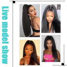 Kinky Straight Ponytail Extension, Afro Curly Drawstring Ponytail 20 Inch Long Kinky Straight Ponytail Extension Synthetic Pony Tails Hair Extensions - Black - View 5