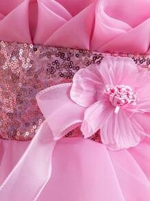 少女新款派對禮服長禮服歐式蕾絲公主婚禮蓬蓬裙 - 粉色 - 查看 5