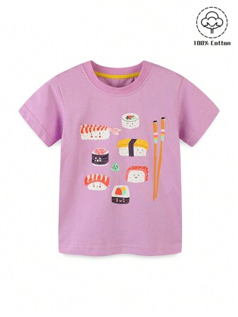 1 Peça Camiseta Casual de Manga Curta com Estampa de Cartum e Gola Redonda para Meninas Jovens, Verão