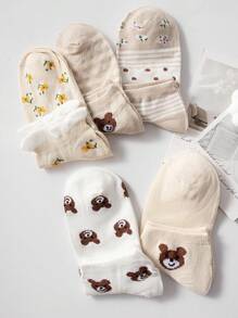 3/6/10/20/30 双女式短袜，带有可爱的熊和蜜蜂图案，柔软舒适的休闲时尚袜子，款式随机搭配 - 彩色 - 查看 4