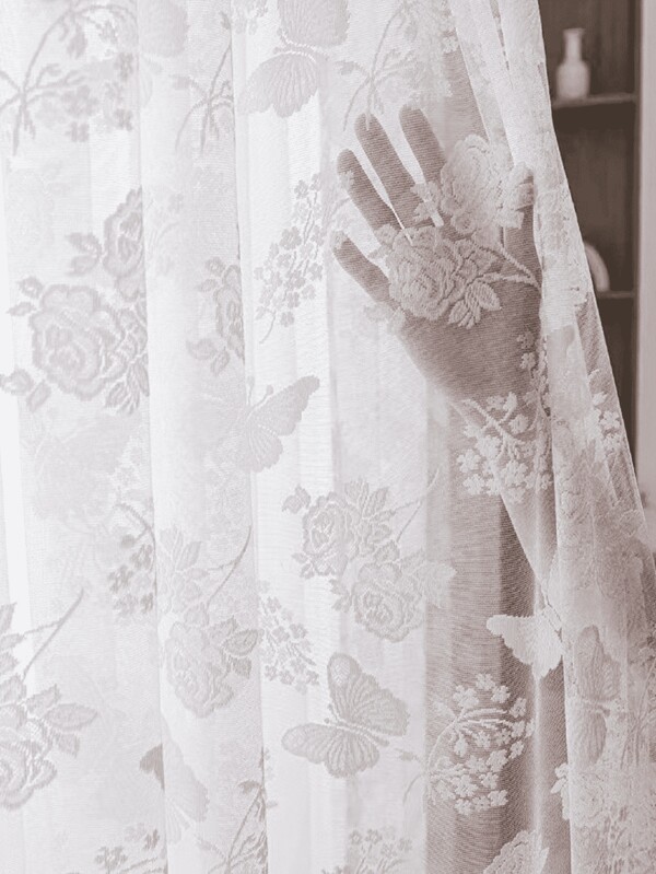 1pc Butterfly Voile Curtain For Living Room, Balcony, Bedroom, White Lace, European & South Asian Style