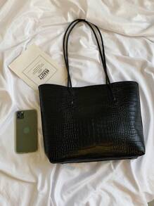 2 chiếc túi đeo vai thời trang thêu trơn dung tích lớn cho nữ có khóa bấm - màu đen - Xem 3