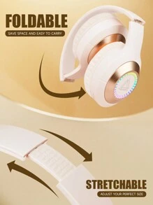 Newest Over-Ear Wireless Headphones With Gradient Running Lights And Stretchable Headband, Compatible With Business And Smart Phones, High Definition Calls And Cool Game Experience. With Usb-C Connection, Foldable Design, Large Ear Muffs And Hifi Bass, Provides Long Battery Life. Cheap And Ideal Gift For Valentine'S Day And New Year. - Beige - View 6