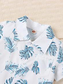 2pcs Young Boy Casual Coconut Tree Print Lapel Short Sleeve Shirt And Shorts Set, Summer