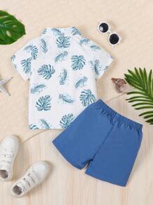 2pcs Young Boy Casual Coconut Tree Print Lapel Short Sleeve Shirt And Shorts Set, Summer