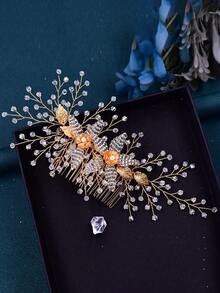 1pc Elegant & Luxurious Handmade Beaded Bridal Hair Comb, Women's Headpiece Suitable For Party, Wedding, Photography,Summer,Beach - Gold - View 3