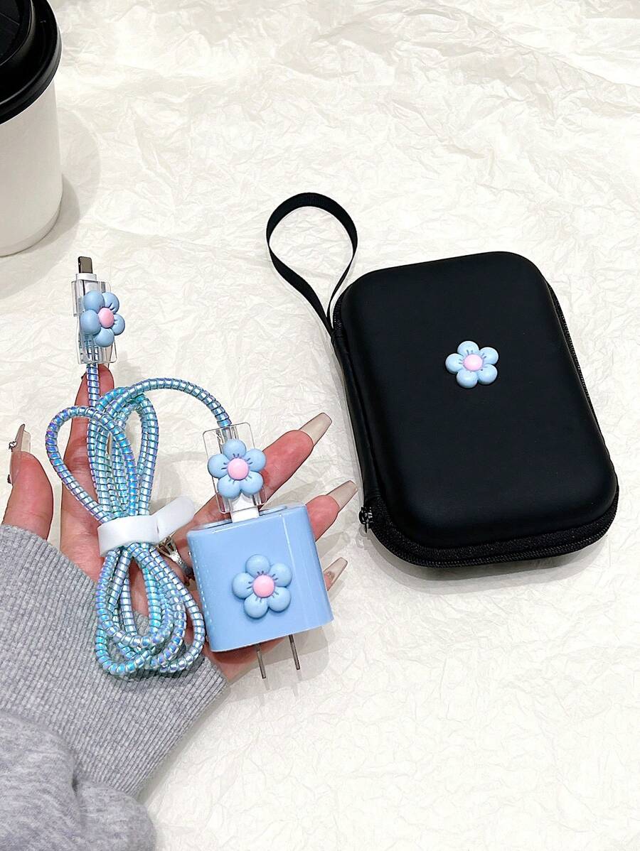 6pcs/Set Eva Cable Organizer Bag + Blue Flower 1.5m Coiling Device + Tpu Charging Head Protector, Suitable For Iphone12/13/14 Models 20w Fast Charging Cable, Anti-Breakage Design - Multicolor - View 1
