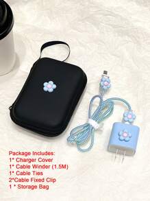 6pcs/Set Eva Cable Organizer Bag + Blue Flower 1.5m Coiling Device + Tpu Charging Head Protector, Suitable For Iphone12/13/14 Models 20w Fast Charging Cable, Anti-Breakage Design - Multicolor - View 2