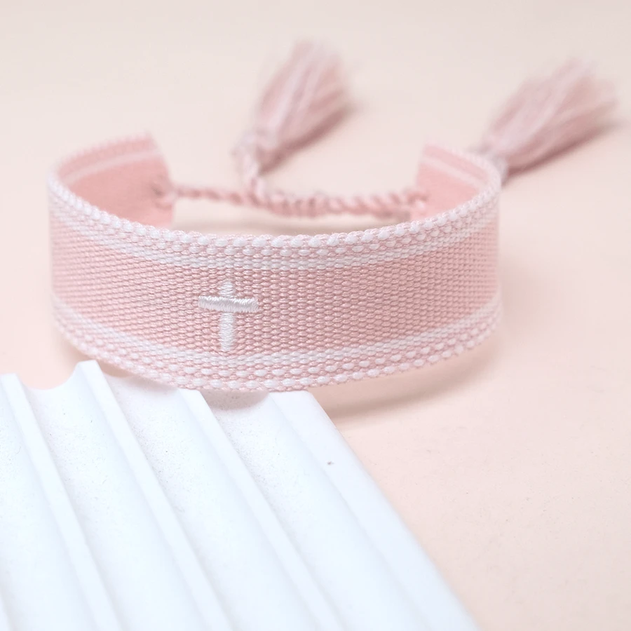 1pc Embroidery Cross Bohemian Woven Band Tassel Bracelet - Baby Pink - View 1