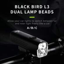 1個黑鳥l3自行車前大燈1200流明雙led防水ipx6 Type-c充電口4800毫安長電池壽命 - 黑色 - 查看 1