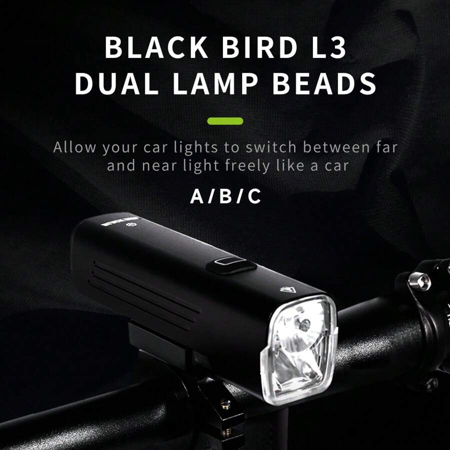 1個黑鳥l3自行車前大燈1200流明雙led防水ipx6 Type-c充電口4800毫安長電池壽命 - 黑色 - 查看 1
