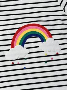 Young Girls' Rainbow Striped Short Sleeve Casual Comfortable Round Neck Dress, Summer - Black and White - View 3