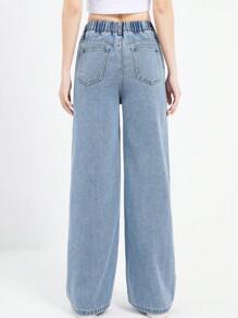 青少女藍色直筒休閒長牛仔褲，帶有心形裝飾 - 藍色 - 查看 5