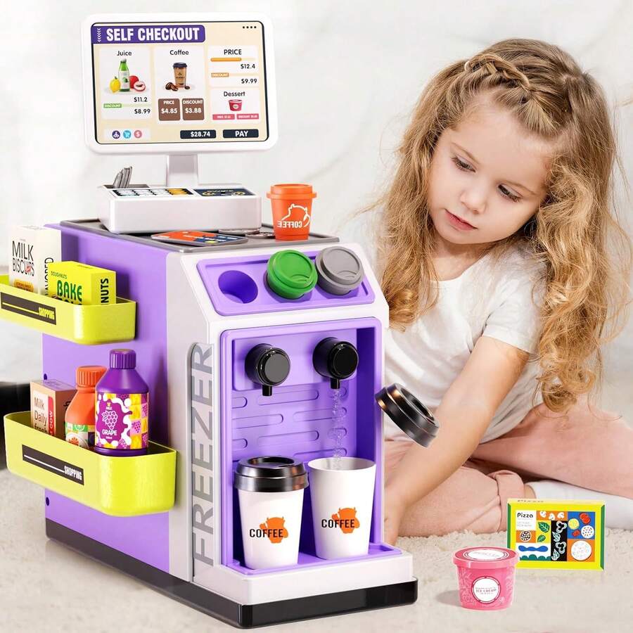 48入組模擬收銀機玩具套裝,帶有水口功能計算機、掃描器、信用卡、咖啡機、玩具食物,適合3歲以上男女兒童,是禮品的不錯選擇。