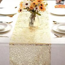 1pc Rectangular Table Runner, 275*28CM, Gold Sequin Shiny Aluminum Foil Mesh Table Runner, Gold Foil Table Center Decor, Suitable For Events, Parties, Birthdays, Weddings, Christmas, New Year, Decorative Tablecloth, Room Decor, Dining Table Decor, Home Decor, Fit For Holidays, Parties, Birthdays, Weddings And Banquets - Gold - View 2