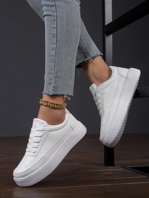 Women's White Skate Shoes With Thick Sole, Sport Sneakers, Flat & Lightweight, Suitable For Students