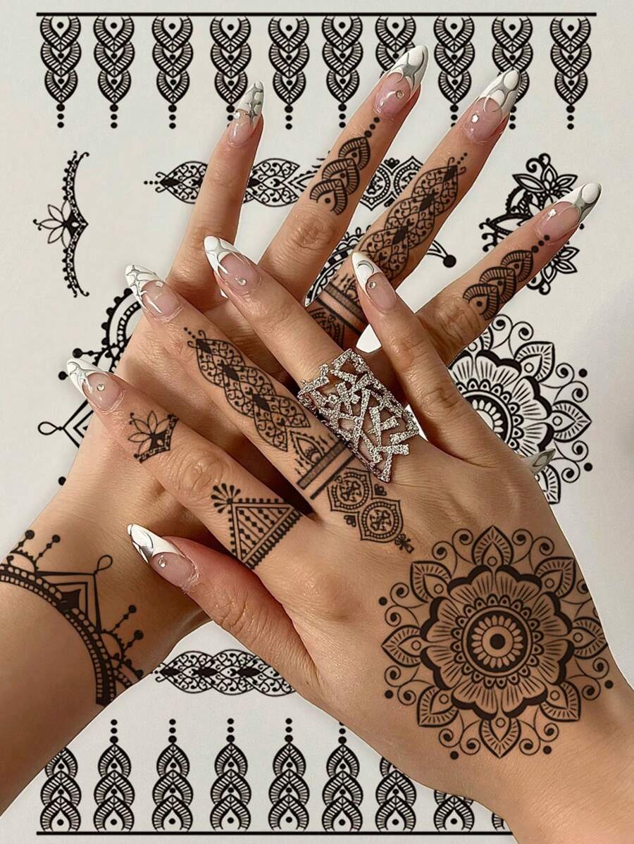 1張黑色黑色海娜花邊紋身貼紙,適用於手臂、手腕、胸部、腹部、背部和身體 - 黑色 - 查看 1