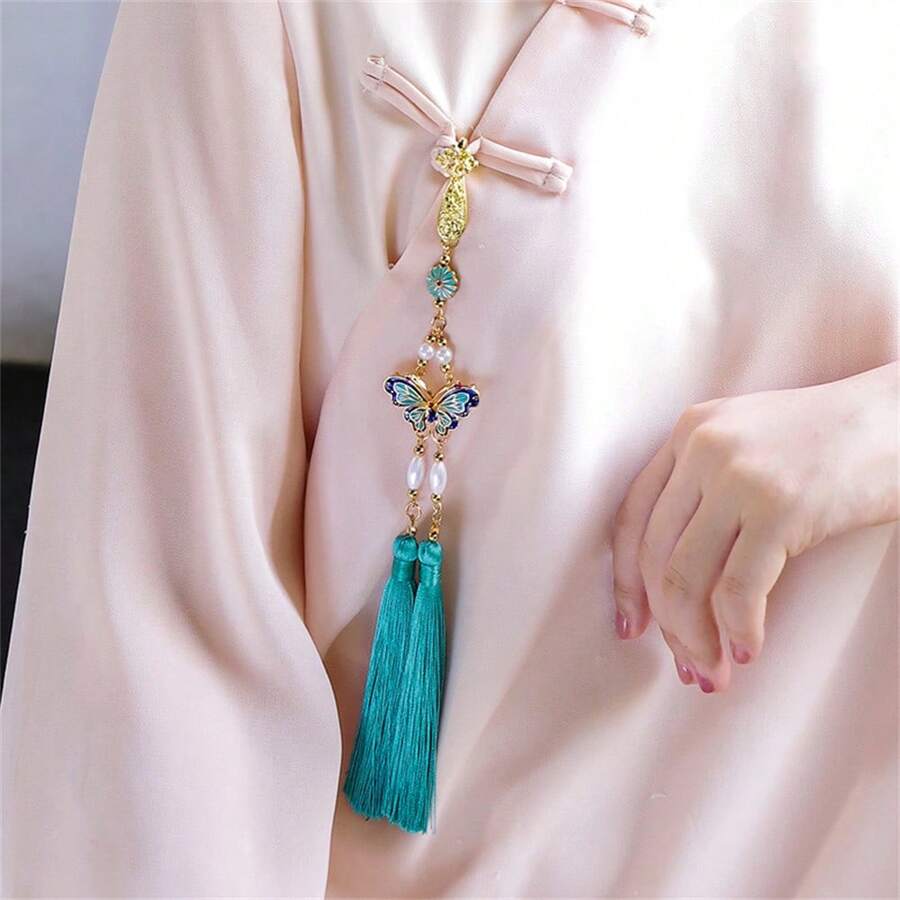 1 件时尚蝴蝶流苏吊坠、衣服配饰、旗袍配饰、派对装饰、生日礼物、情人节情侣礼物 - 青綠色 - 查看 1
