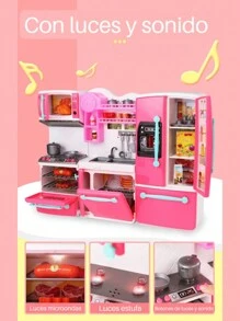Juego de cocina, mini cocina, refri, horno y utensilios de cocina de juguete para niñas y niños, con luces y sonido - Rosa Grande - Ver 1