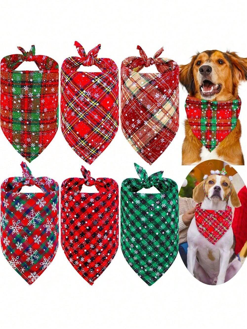 6pcs/Set New Christmas Snowflake Plaid Pet Bibs, Puppy Bandana For