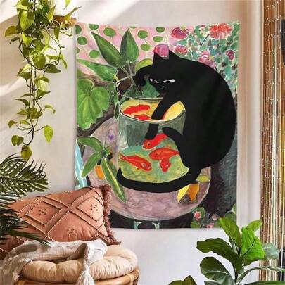 1pc CURIOUS KITTY Tapestry Wall Hanging Cat & Goldfish Aesthetic Room Decor Tropical Plants Art Painting Print Dorm Bedroom Gift Tapestry 95 X 73 Cm(No Installation Package)