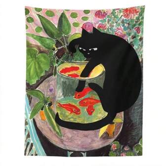 1pc CURIOUS KITTY Tapestry Wall Hanging Cat & Goldfish Aesthetic Room Decor Tropical Plants Art Painting Print Dorm Bedroom Gift Tapestry 95 X 73 Cm(No Installation Package)
