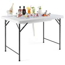 Gymax 4FT Folding Ice Bin Table Outdoor Ice Cooler Table W/ Matching Skirt Party BBQ