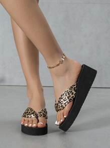 女士时尚简约豹纹人字拖鞋黑色高跟厚底户外沙滩拖鞋