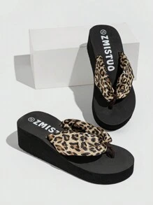 女士时尚简约豹纹人字拖鞋黑色高跟厚底户外沙滩拖鞋