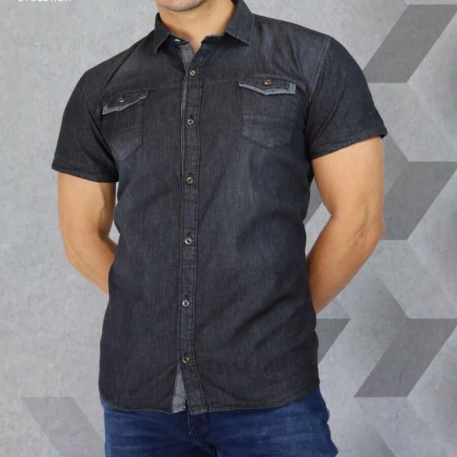 Camisa de mezclilla, corte slim con manga corta - Negro - Ver 1