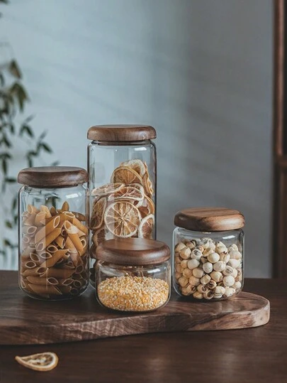 1入組帶木蓋玻璃瓶,配封口塞和圓球扣,透明收納罐,適用於儲存香料、鹽、糖、咖啡、茶和糖果
