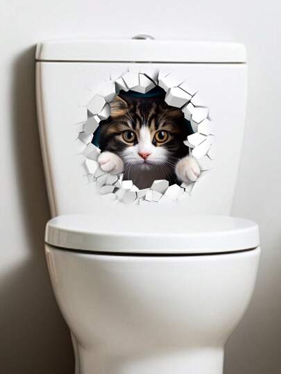 1 ورقة/1 مجموعة بولي كلوريد الفينيل ذاتية اللصق الجدار ملصق و غطاء المرحاض ملصق ، ثلاثية الأبعاد لطيف القط نمط الحمام المرحاض الديكور