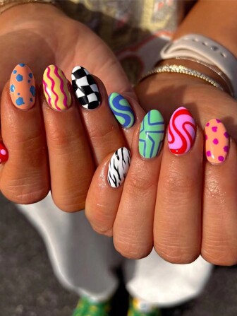 Uñas postizas con estampado geométrico de cuadros al estilo occidental en forma elíptica para niñas valientes y fashionistas, suministros para uñas