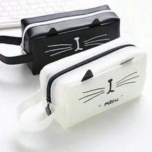 卡哇伊貓咪鉛筆盒,大容量簡單可愛創意攜帶式收納袋,pu皮革學校文具用品 - 白色 - 查看 10