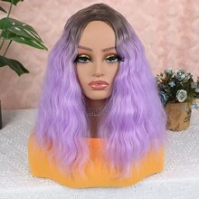 淺紫色波浪短髮假髮女士短髮鬈曲肩長髮合成日常使用奧布雷防熱纖維頭髮假髮女孩14英寸合成髮不織網髮型波浪中央分綫 - 紫色 - 查看 2
