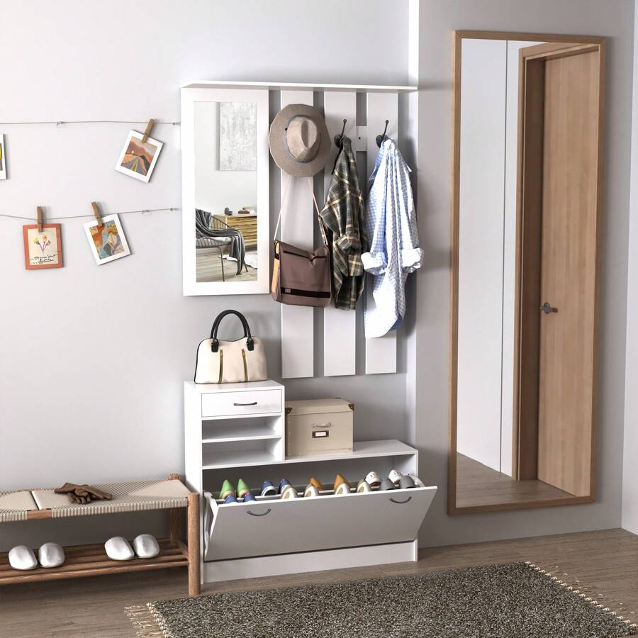 HOMCOM Conjunto de Muebles de Entrada Recibidor Pasillo Set de 3 Piezas Perchero Espejo Zapatero con Cajón 90x24x116cm Madera - Blanco - Ver 1