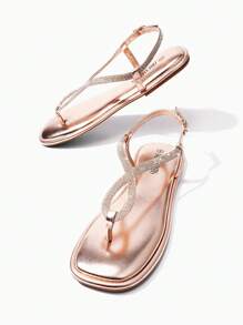 Sandalias planas de mujer con rhinestones de moda, con correa de tobillo para vestidos de verano, casuales, para el día de San Valentín - Oro rosa - Ver 5