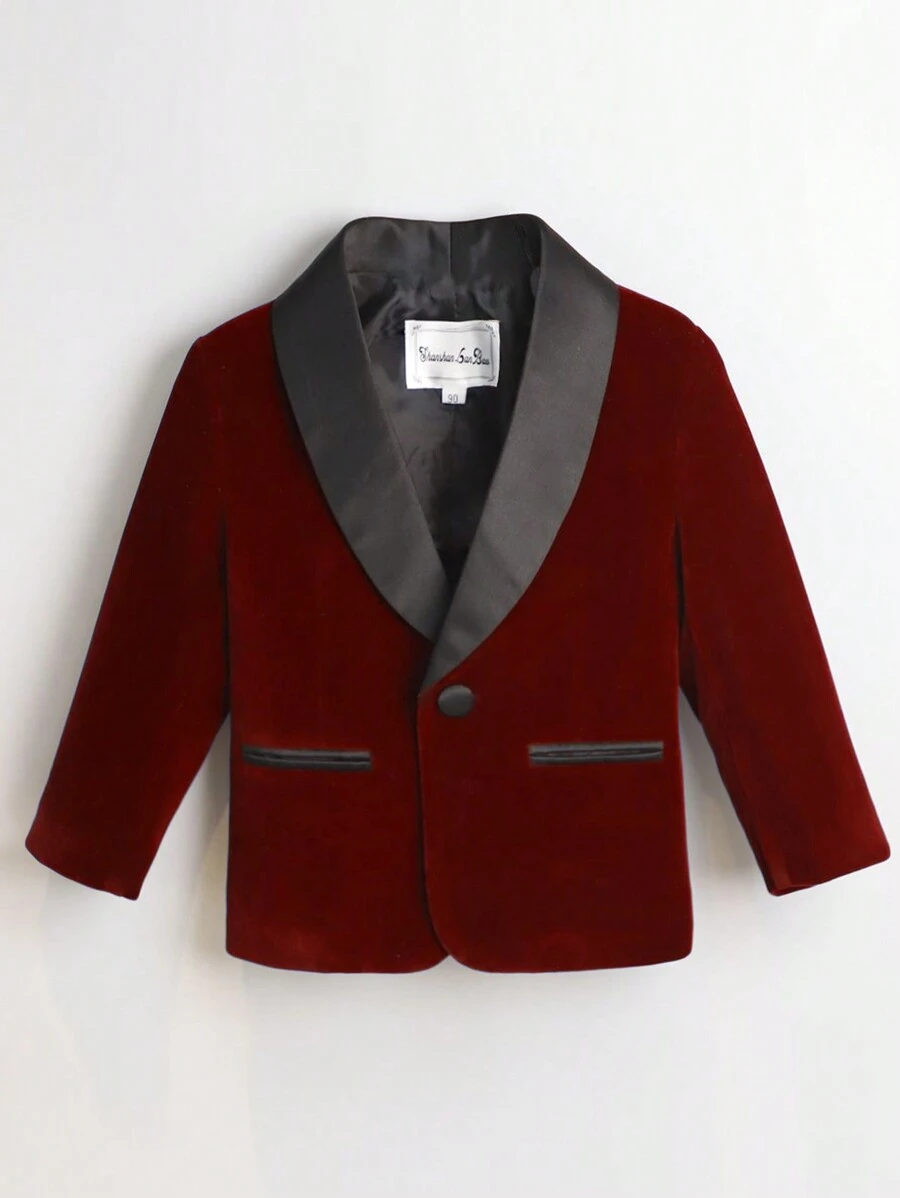 Young Boy Velvet Suit Jacket Green Collar Formal Blazer Spring - Burgundy - View 1