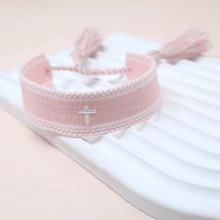 1pc Embroidery Cross Bohemian Woven Band Tassel Bracelet - Baby Pink - View 5