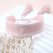 1pc Embroidery Cross Bohemian Woven Band Tassel Bracelet - Baby Pink - View 4