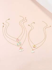 5pcs Girls' Rainbow Heart & Cloud Shaped Metallic Pendant Necklace Set With Oil Drip Effect