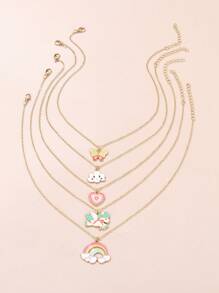 5pcs Girls' Rainbow Heart & Cloud Shaped Metallic Pendant Necklace Set With Oil Drip Effect